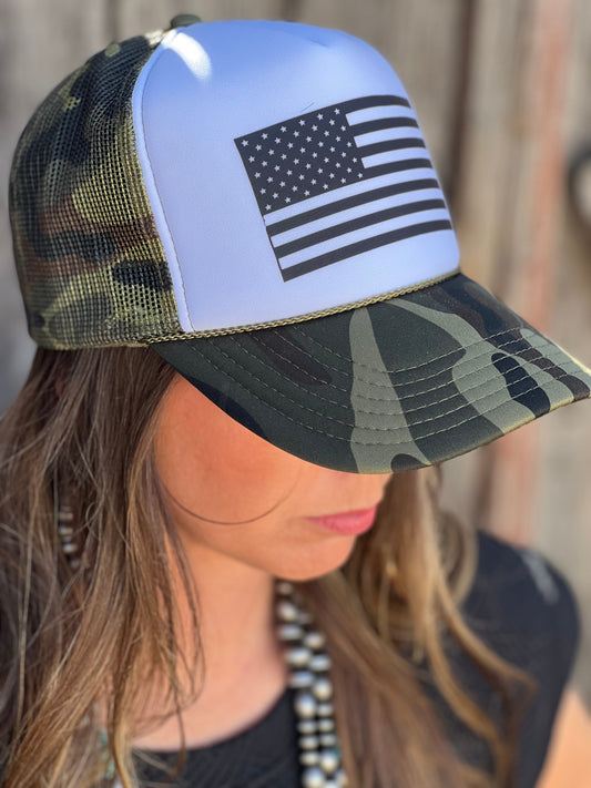 USA Flag on Camo Foam Trucker Cap